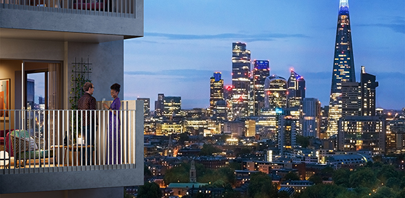 balcony view at park & sayer, a collection of the newest zone 1 flats London has to offer. Two people at the balcony looking over the London skyline.