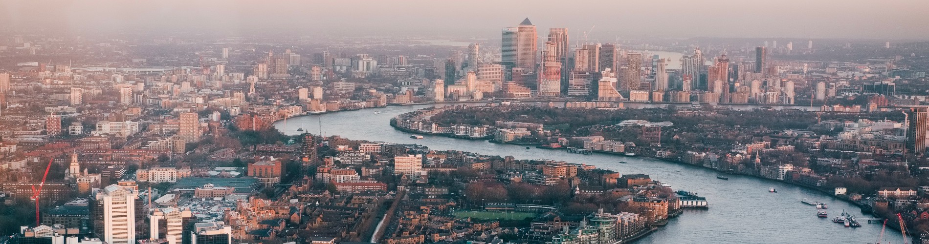 wide angle of london city centre and view of the thames