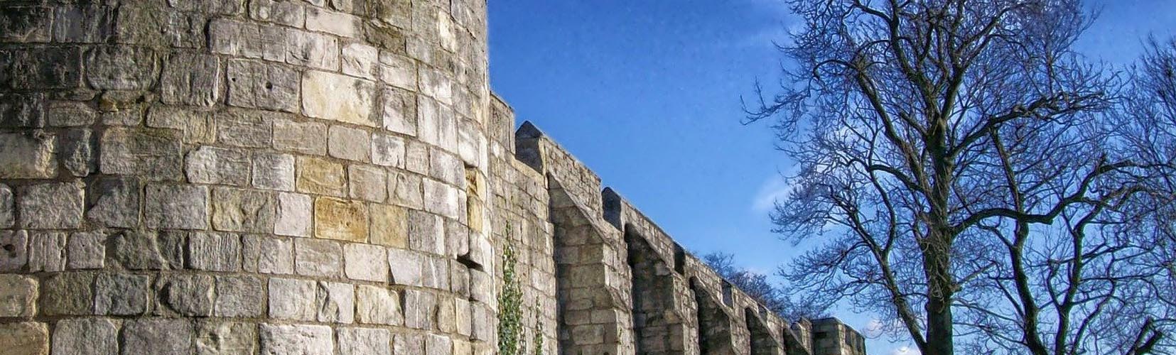 City walls of York against a bright blue sky, with bare trees in the background