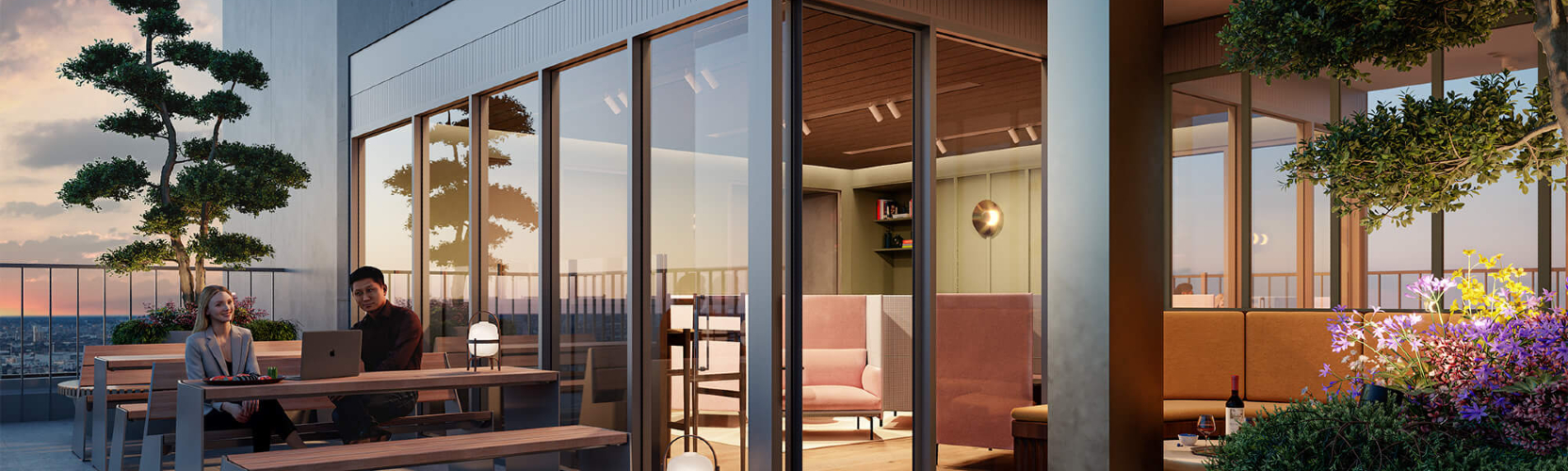 A CG rendering of the balcony view from the skylounge at Park and Sayer
