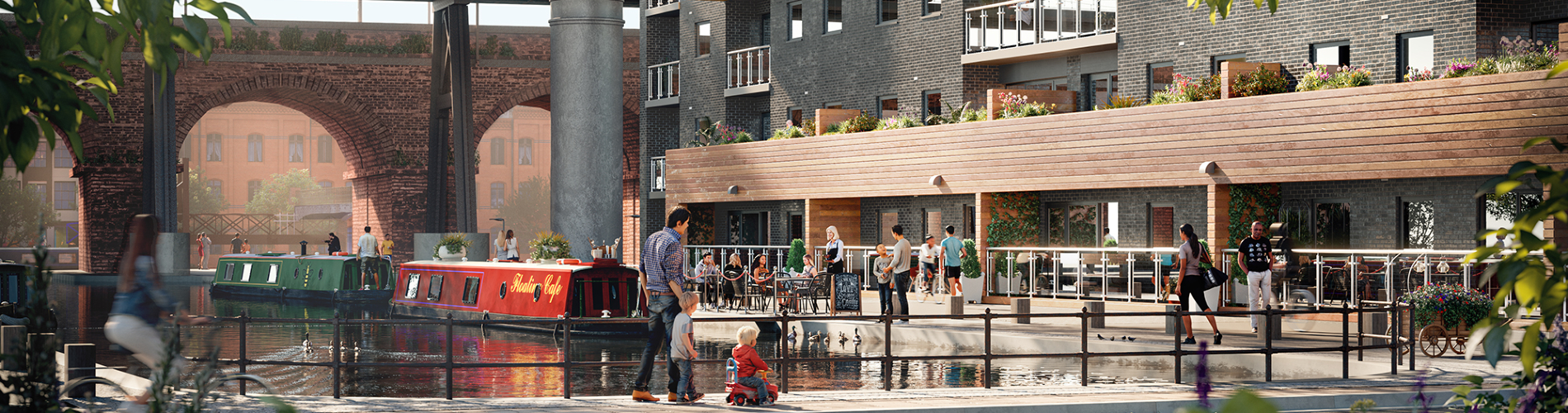 A CG rendering of the canalside view of Potato Wharf Manchester