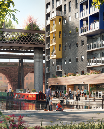 CG view of the canal-side setting in Castlefield Potato Wharf