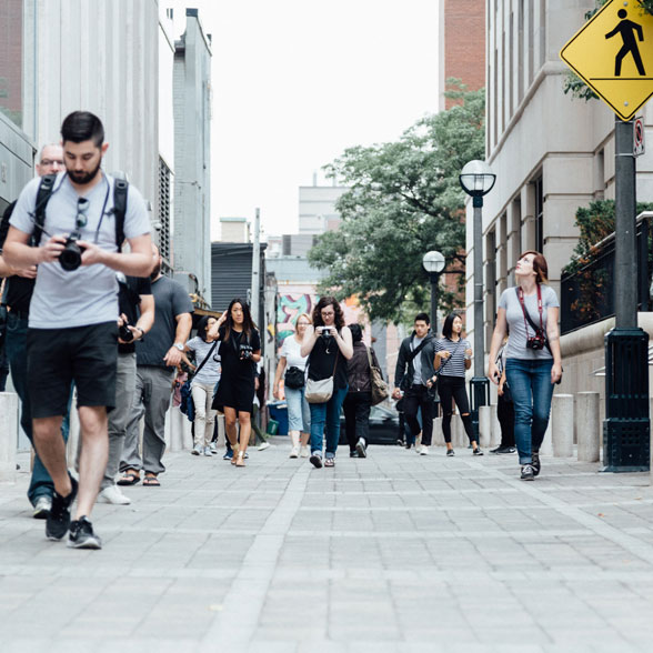 People walking down a city street