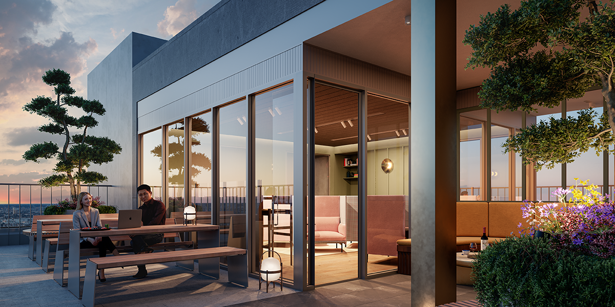 An indoor and outdoor roof terrace with benches and premium lighting. 